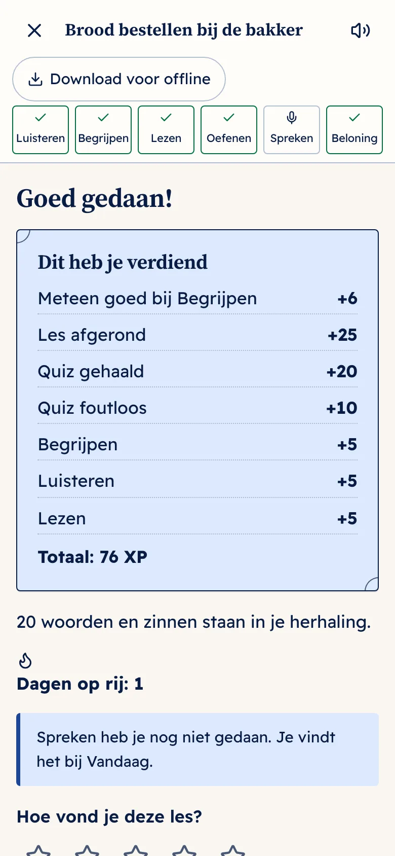 Het scherm Goed gedaan, met de punten die je verdiende.