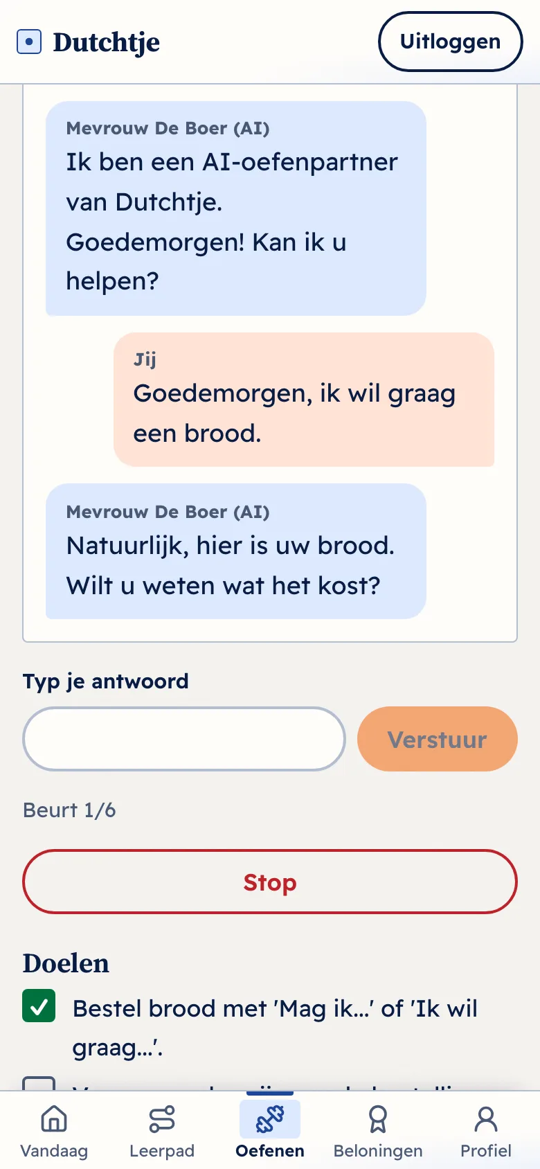 Een getypt gesprek met de AI-gesprekspartner in de bakkerij.